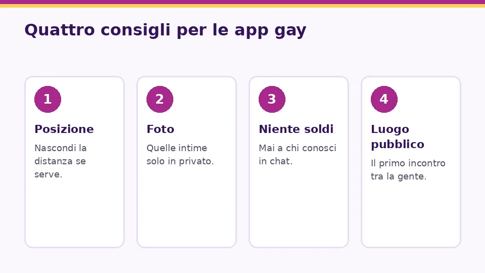 Quattro schede con consigli per le app gay: posizione, foto, niente soldi e luogo pubblico